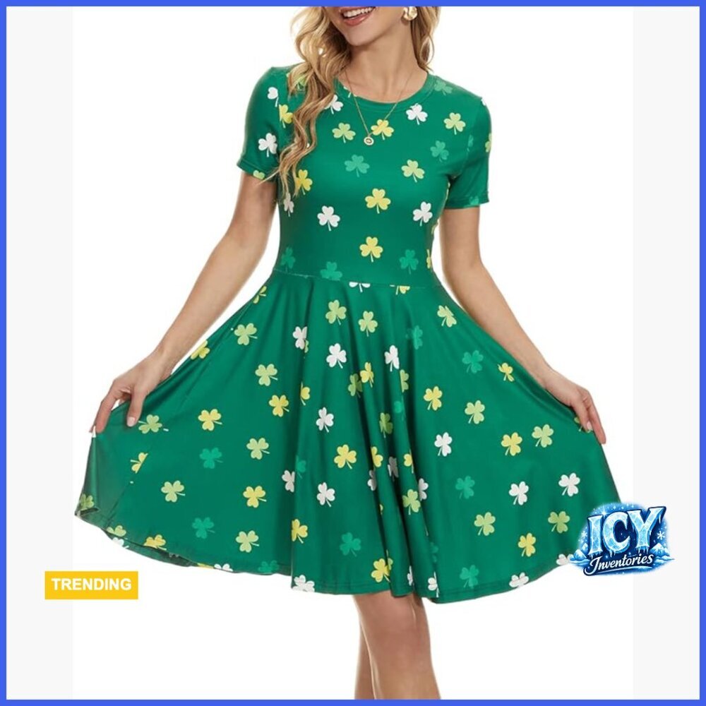 Shamrock Print Swing Dress, Polyester Spandex Fabric, St Patricks Day